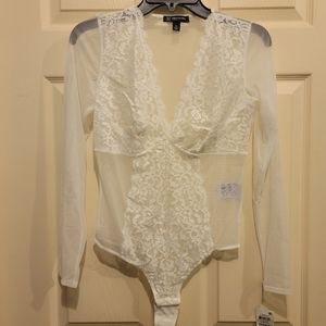 INC Not So Basic Long-Sleeve Lace Mesh Bodysuit White Medium
